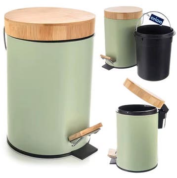 3L Metalen Pedaal Prullenbak met Bamboe - Nieuw Zwart /Groen, Huis en Inrichting, Woonaccessoires | Prullenbakken, Verzenden, Nieuw