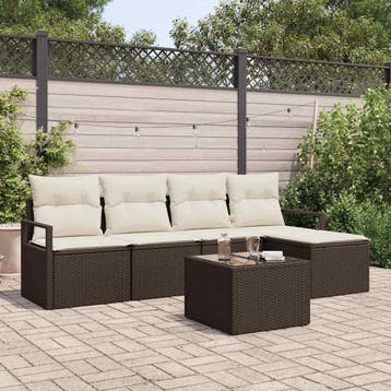 vidaXL Bankstel met kussen met opslag 6 pcs Bruin en Crème, Verzenden, Nieuw, Rotan, 6 zitplaatsen