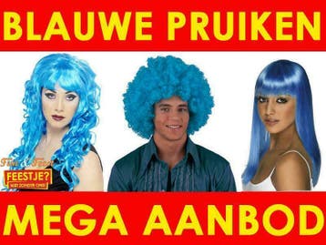 Blauwe pruiken - Mega aanbod blauwe feestpruiken, Ophalen of Verzenden, Nieuw, Carnaval, Accessoires