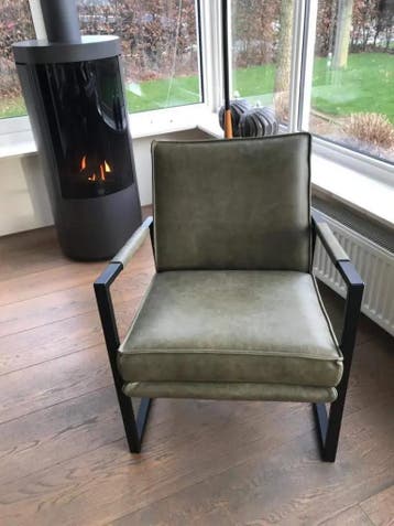 Fauteuil met stalen frame - groen leer, Ophalen of Verzenden, Nieuw, Leer