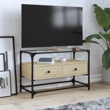 vidaXL Tv-meubel met glazen blad 80x35x51 cm hout sonoma, Minder dan 50 cm, Verzenden, Nieuw, Minder dan 100 cm