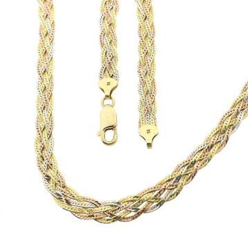 Tricolor gouden gevlochten collier; 14 karaat; 45 cm, Ophalen of Verzenden, Gebruikt, Goud, Goud