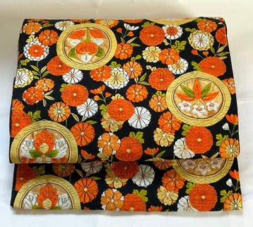 Japanse vintage zijde Fukuro-obi – zwarte achtergrond met