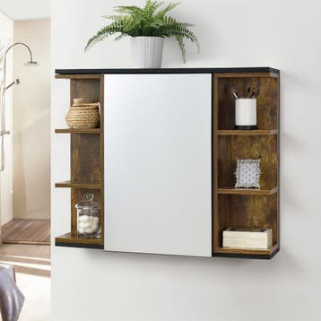 Badkamerkast Harstad met spiegel spiegelkast houtkleurig zwa, Huis en Inrichting, Badkamer | Badkamermeubels, Verzenden, Nieuw