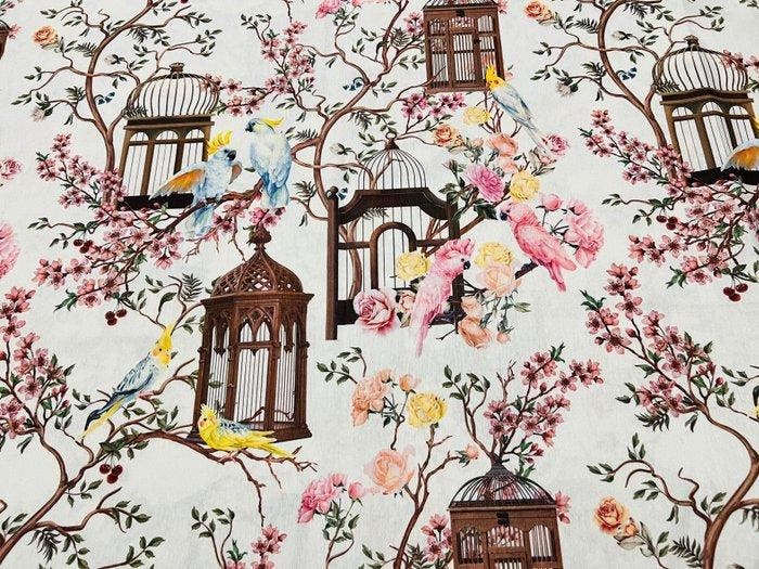 Panama-stof Tropische Chinoiserie met Kakatoe, Gabbie, Antiek en Kunst, Antiek | Kleden en Textiel