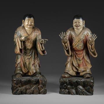 Zeer grote en zeldzame figuren van Kanzan en Jittoku  -, Antiek en Kunst