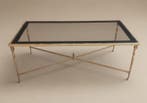Tafel - Vintage vergulde metalen salontafel met glazen blad,