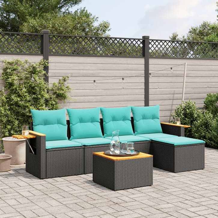 vidaXL 6-delige Loungeset met kussens poly rattan zwart, Tuin en Terras, Tuinsets en Loungesets, Loungeset, Nieuw, Verzenden