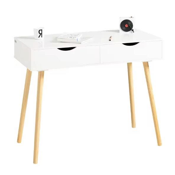 Bureau met 2 Lades – Compact MDF Werktafel Wit/Natuur 90 cm, Computers en Software, Laptoptafels, Nieuw, Verzenden