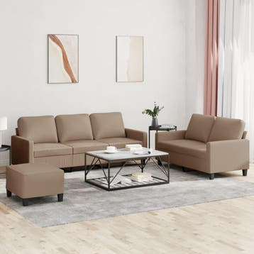 vidaXL 3-delige Loungeset met kussens kunstleer cappuccino, Verzenden, Nieuw, Leer, Minder dan 150 cm
