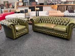Chesterfield Maarssen 3 zits-bank + Fauteuil  Groen Leer Set, Ophalen, Zo goed als nieuw, Leer, Tweedehands Chesterfield 