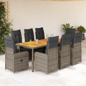vidaXL 9-delige Bistroset met kussens poly rattan grijs, Verzenden, Nieuw, 8 zitplaatsen