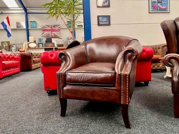 Chesterfield Maarssen Bruin Leren Club Chair, Stoel,Fauteuil, Antiek en Kunst, Ophalen