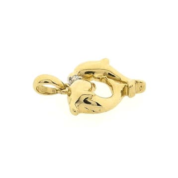 Gouden hanger van twee dolfijnen met diamant 0,015 ct., Sieraden, Tassen en Uiterlijk, Bedels, Ophalen of Verzenden, Gebruikt
