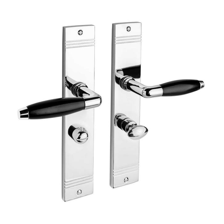 Geveerde deurklink Retro glanzend nikkel op schild met WC..., Doe-het-zelf en Verbouw, Hang- en Sluitwerk, Klink of Kruk, Nieuw