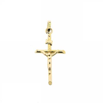 Gouden hanger van een kruis met corpus; INRI, Ophalen of Verzenden, Gebruikt, Goud, Overige merken