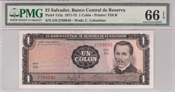 1972 El Salvador 1 Colon Pick 115a Pmg Gem Unc 66 Epq, Verzenden