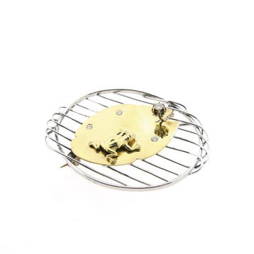 Bicolor gouden broche van een lelie met een kikker en dia..., Gebruikt, Overige kleuren, Ophalen of Verzenden, Met edelsteen