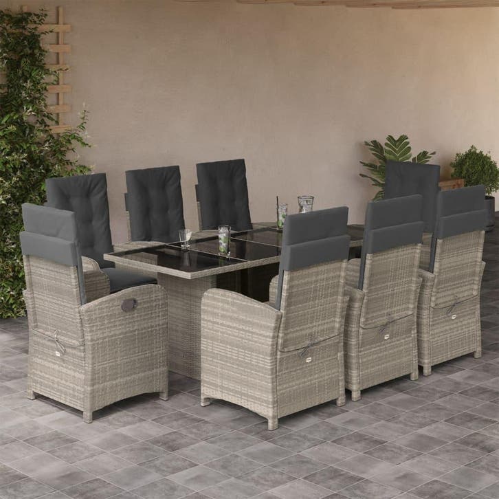 vidaXL 9-delige Tuinset met kussens poly rattan lichtgrijs, Tuin en Terras, Tuinsets en Loungesets, Tuinset, Nieuw, 8 zitplaatsen