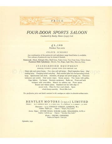 1952 BENTLEY FOUR DOOR SPORTS SALOON BROCHURE ENGELS, Nieuw, Author