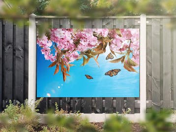 NR 1311: Tuinposter roze bloemen en vlinders 120x180cm, Tuin en Terras, Tuinwanddecoratie, Nieuw