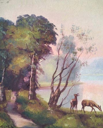H. Michel (XX) - Scène champêtre biche au bord detang