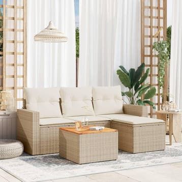vidaXL 5-delige Loungeset met kussens poly rattan beige, Tuin en Terras, Verzenden, Nieuw, Loungeset