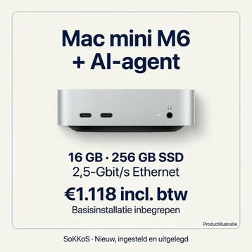 Mac mini M6 met AI-agent — 16GB/256GB — €1.118, 256 GB, SSD, Nieuw, Mac Mini