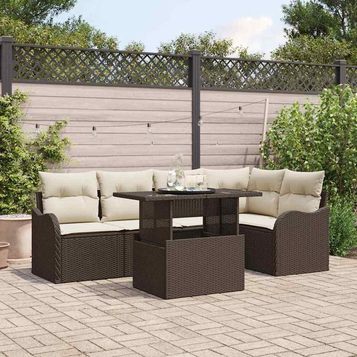 vidaXL Eetkamerset met kussen 6 pcs Bruin Poly riet, Tuin en Terras, Tuinsets en Loungesets, Nieuw, Rotan, Verzenden