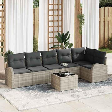vidaXL Tuin Sofa Set met kussen 7 pcs Lichtgrijs Poly riet, Verzenden, Nieuw, 7 zitplaatsen