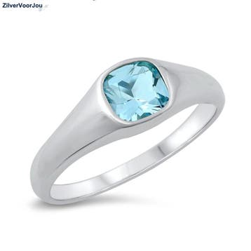 Zilveren rhodium dames zegelring vierkante aquamarijn blauwe, Sieraden, Tassen en Uiterlijk, Ringen, Verzenden, Nieuw, Zilver