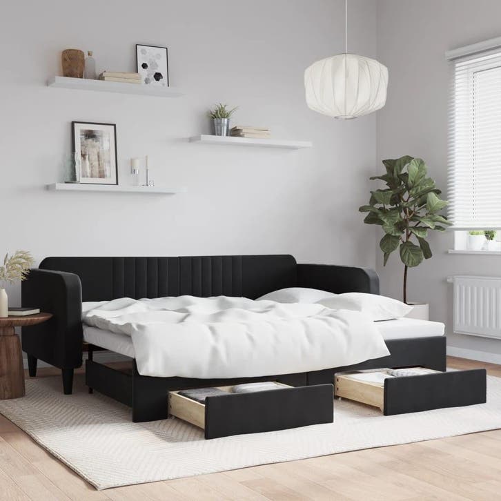 vidaXL Slaapbank met onderschuifbed en lades 90x200 cm, Huis en Inrichting, Slaapkamer | Bedden, 90 cm, 200 cm, Zwart, Eenpersoons