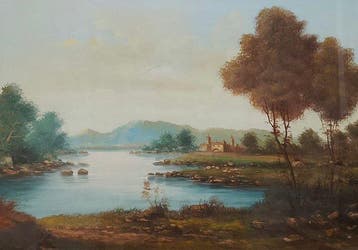A. Antonini (XX) - Grande paesaggio fluviale con castello, Antiek en Kunst, Kunst | Schilderijen | Klassiek