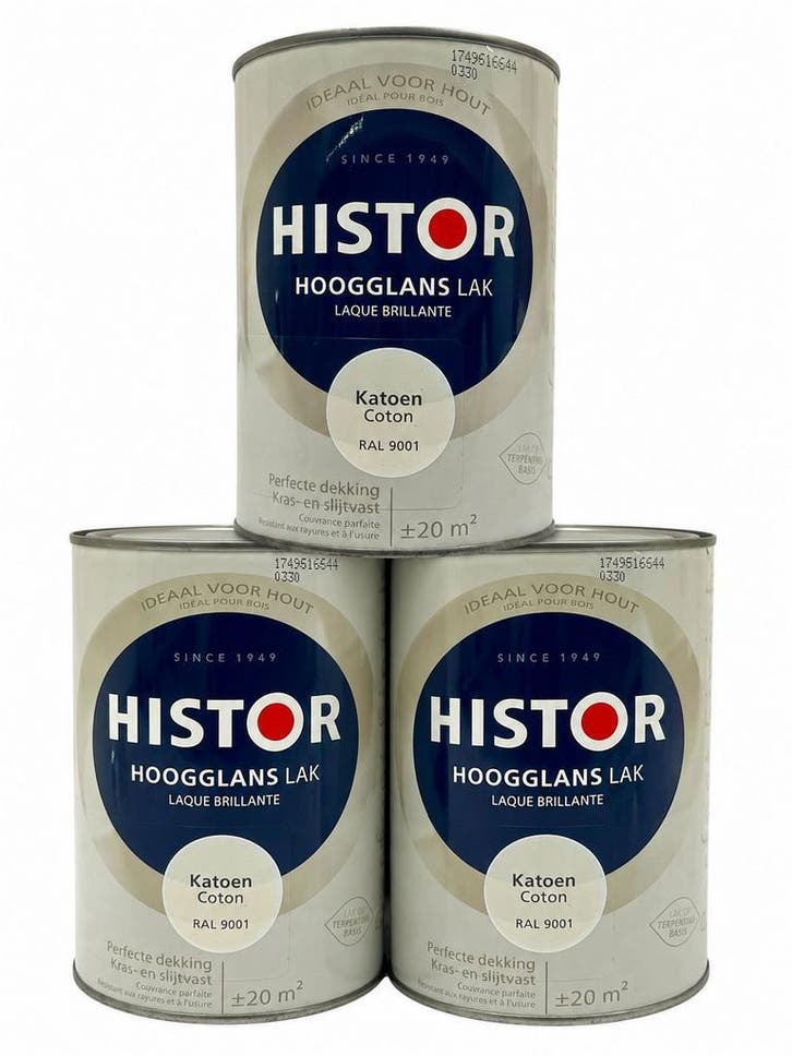 Histor Hoogglans lak Katoen SET 3x1,25L – nieuw, Doe-het-zelf en Verbouw, Verf, Beits en Lak, Minder dan 5 liter, Wit, Nieuw, Lak