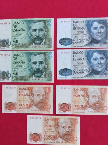 Spanje. - 7 Banknotes - 1979/1980 (Zonder minimumprijs), Postzegels en Munten