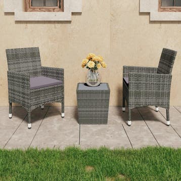 vidaXL 3-delige Bistroset poly rattan en gehard glas grijs, Tuin en Terras, Tuinsets en Loungesets, Verzenden, Nieuw