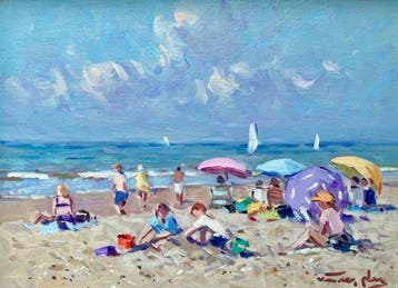 Niek van der Plas (1954) - Een dag aan het strand, Antiek en Kunst