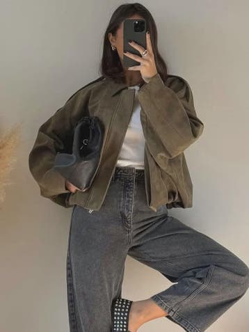 Dames Vintage Suède Bomberjack - Bruin/Groen - Loose Fit Cas, Verzenden, Nieuw