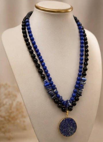 Obsidian & Lapis Lazuli Dubbelstreng Statementketting -