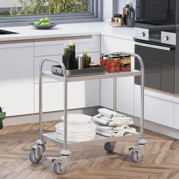 RVS Serveertrolley met 2 Plateaus en Wielen - 80x45x82 cm, Verzenden, Nieuw in verpakking