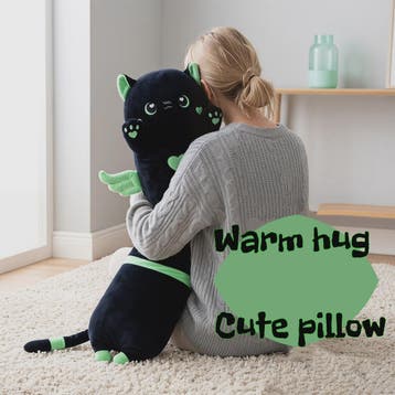 Kawaii Zwarte Kat Pluche Knuffelkussen met Vleugels - Extra, Verzenden, Nieuw