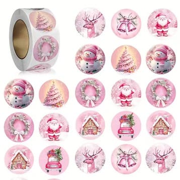 Sluitstickers kerstetiketten kerststickers roze vintage rond, Ophalen of Verzenden, Nieuw