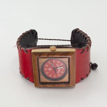 Vintage Origen polshorloge van hout en rood leer werkend, Overige merken, Overige materialen, Verzenden, Polshorloge