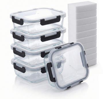 Bardi 5 Delige Set Glazen Vershoudbakjes 1060ML + 10 x Spons, Verzenden, Nieuw, Geschikt voor vriezer