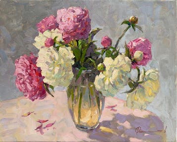 Sergei Flitov (1964) - Pivoines dans un Vase Transparent