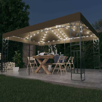 vidaXL Prieel met dubbel dak en LED-lichtslinger 3x4 m taupe, Tuin en Terras, Verzenden, Nieuw
