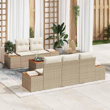 vidaXL Tuinbankenset 6 st Beige Poly riet, Verzenden, Nieuw, Rotan, 6 zitplaatsen