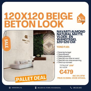 Beige betonlook tegel 120x120 - Palletdeal 25m² €479, Doe-het-zelf en Verbouw, 60 cm of meer, Nieuw, Ophalen of Verzenden, 10 m² of meer