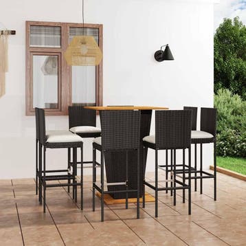 vidaXL 9-delige Tuinbarset met kussens poly rattan zwart, Verzenden, Nieuw, 8 zitplaatsen