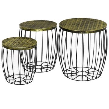 Bijzettafels 3-delige Set Retro-stijl Metalen Mand Natuur+Zw, Verzenden, Nieuw
